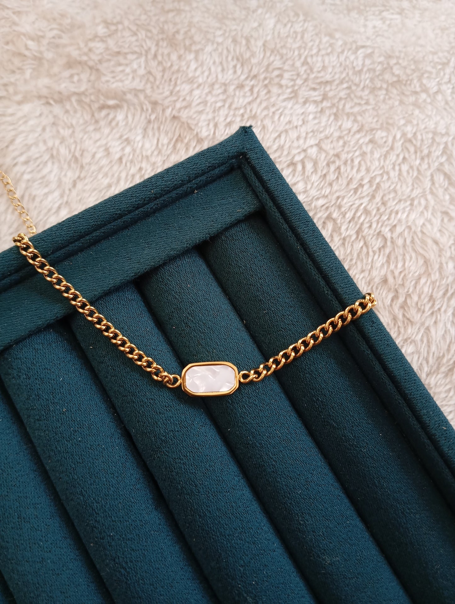 Rectangle White Stone Broad Chain Bracelet