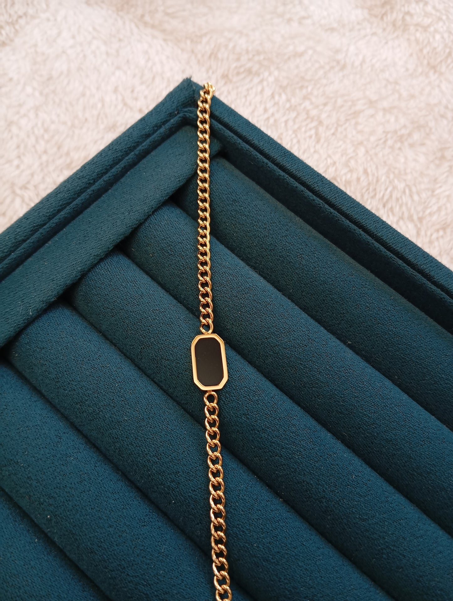 Rectangle Black Stone Broad Chain Bracelet