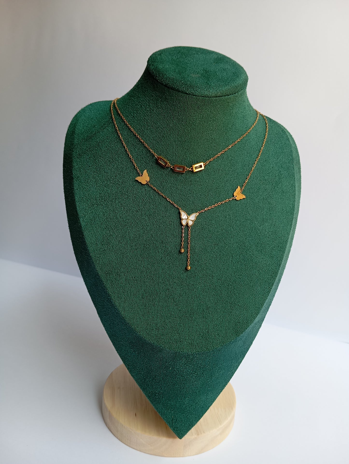 Gold Double Layer Butterfly Necklace featuring layered chains with elegant butterfly pendants crafted from premium stainless steel. Waterproof, tarnish-free jewelry for women, ideal for everyday wear, parties, weddings, gifting, and stylish fashion looks.