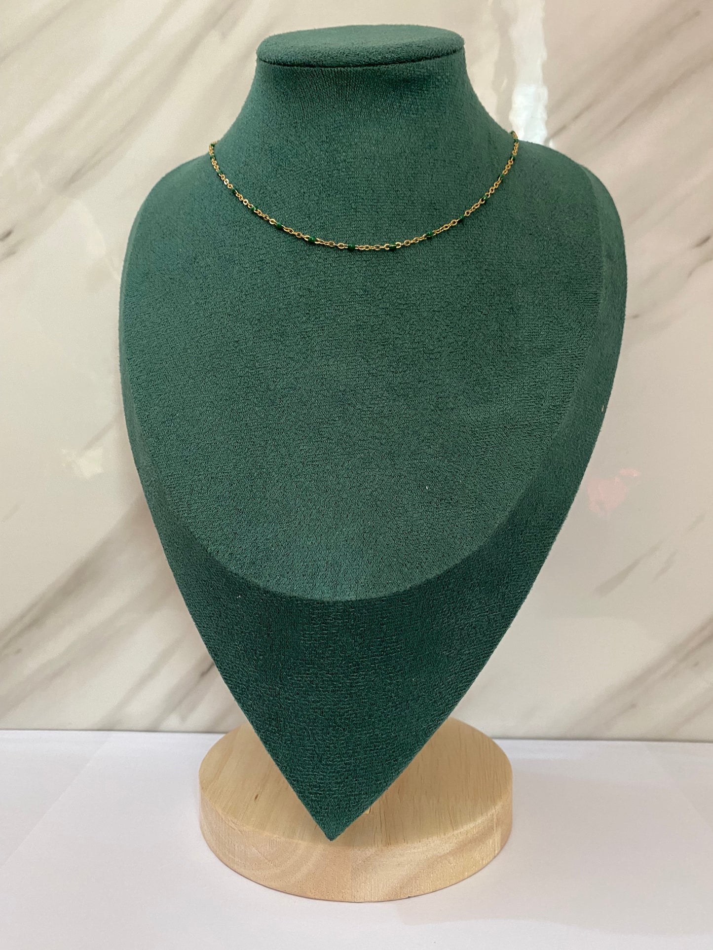 Gold Green Beaded Necklace featuring vibrant green beads with premium stainless steel detailing. Waterproof, tarnish-free jewelry for women, perfect for daily wear, beach vacations, parties, weddings, gifting, and elegant fashion styling.