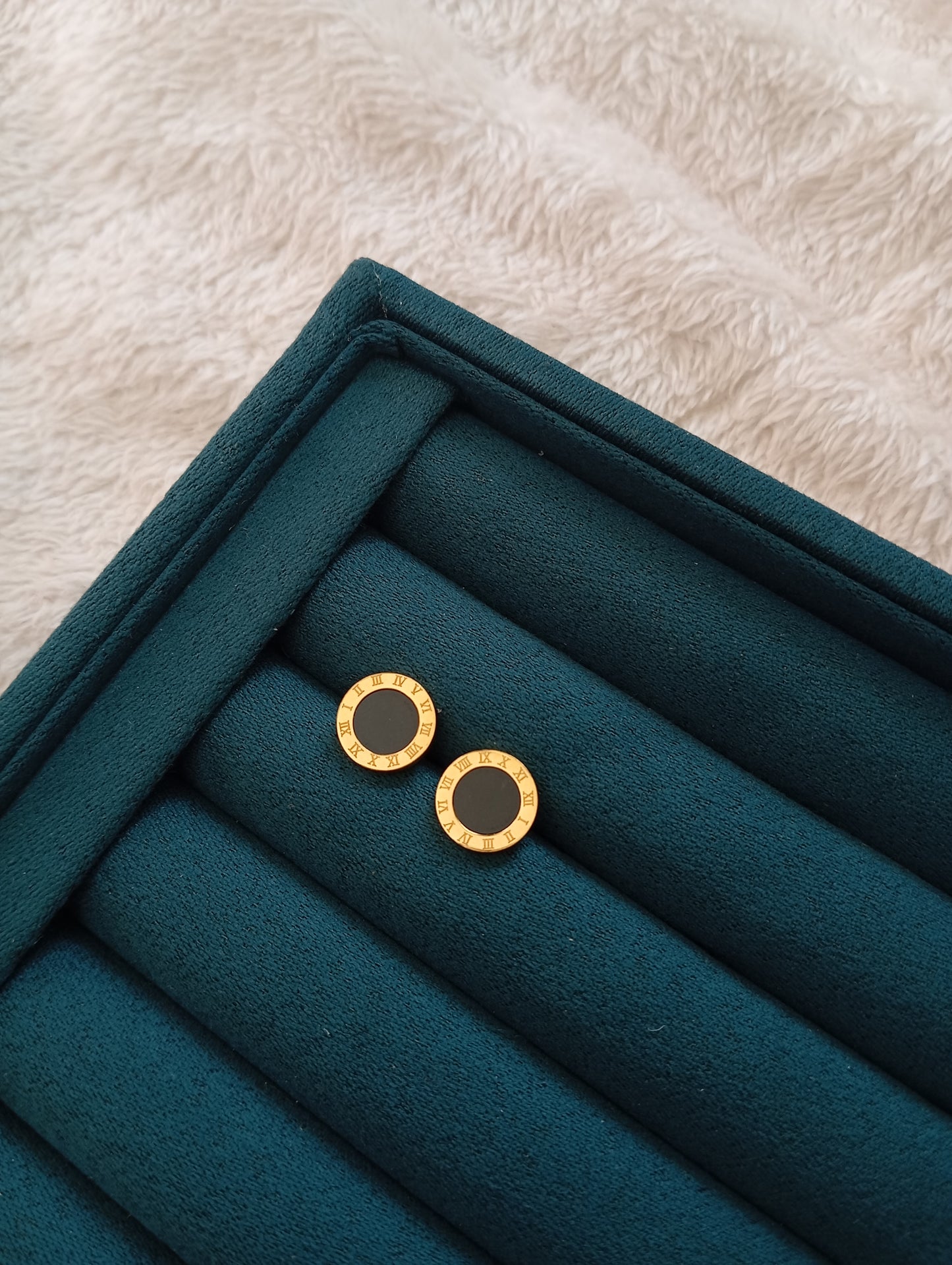 Black Stone Roman Stud Earrings crafted from premium stainless steel with elegant black stone accents and a Roman-inspired design. Waterproof, tarnish-free stud earrings for women, perfect for daily wear, office wear, parties, gifting, and special occasions.