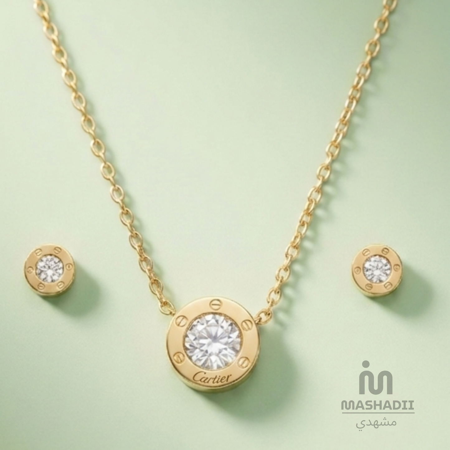 Cartier Jewelry Set featuring a matching stainless steel necklace and earrings. Waterproof, tarnish-free jewelry set for women, perfect for daily wear, parties, weddings, gifting, and special occasions.