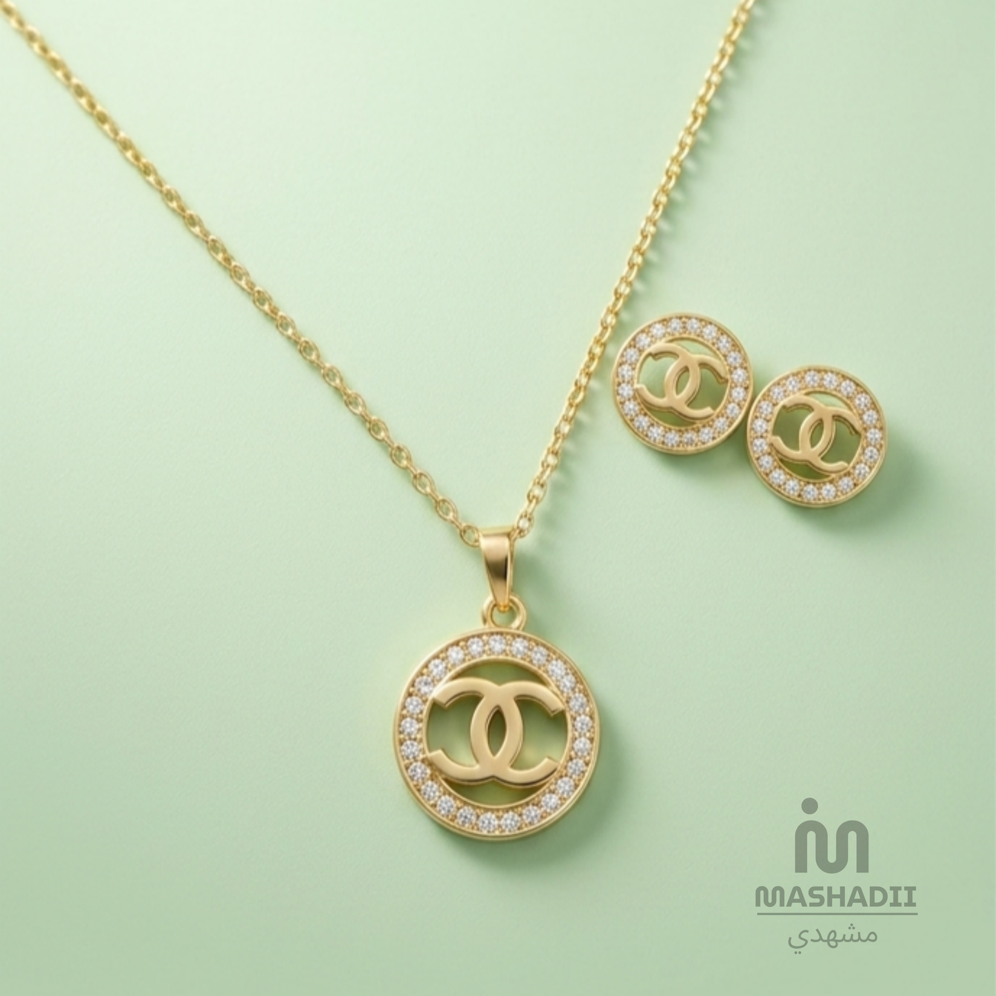 Chanel Serenity Jewelry Set featuring a matching stainless steel necklace and earrings. Waterproof, tarnish-free jewelry set for women, perfect for daily wear, parties, weddings, gifting, and special occasions.