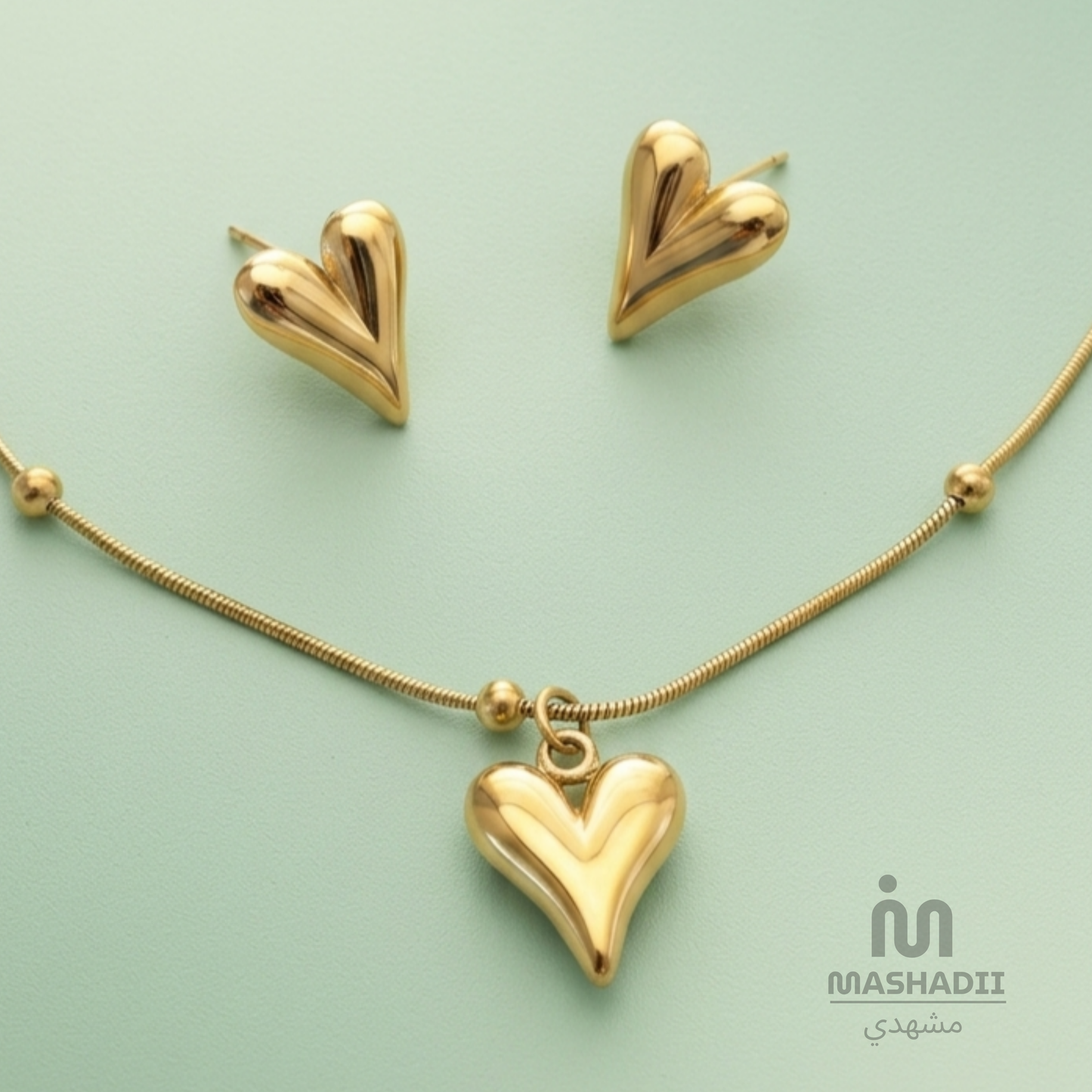 Heart Jewelry Set featuring a matching stainless steel necklace and earrings with an elegant heart design. Waterproof, tarnish-free jewelry set for women, perfect for daily wear, parties, weddings, gifting, and special occasions.