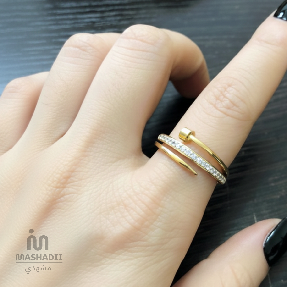 Nail Ring with Multi Crystals crafted from premium stainless steel with sparkling crystal details and a modern nail-inspired design. Waterproof, tarnish-free, adjustable ring for women, perfect for daily wear, parties, weddings, gifting, and special occasions.