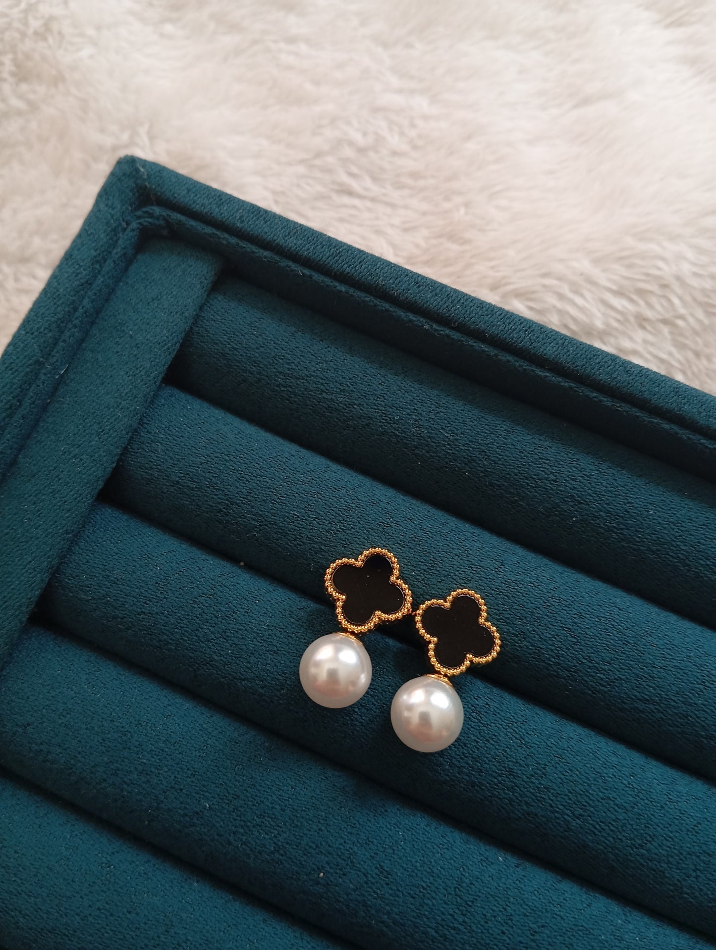Pearl Black Stone Clover Earrings crafted from premium stainless steel with pearl accents, black stone details, and an elegant clover design. Waterproof, tarnish-free earrings for women, perfect for daily wear, parties, weddings, gifting, and special occasions.