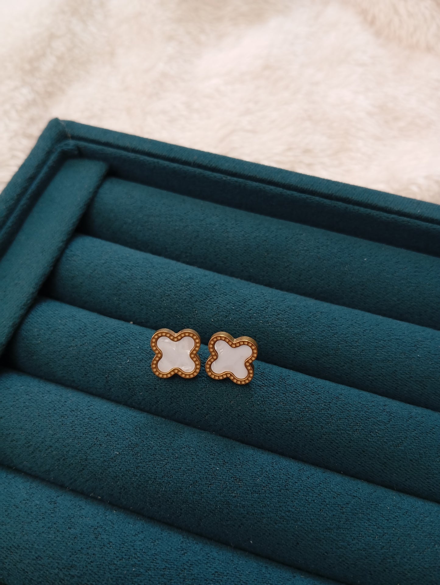 Stainless Steel White Stone Clover Stud Earrings crafted with sparkling white stone details and a classic clover design. Waterproof, tarnish-free stud earrings for women, perfect for daily wear, office wear, parties, weddings, gifting, and special occasions.