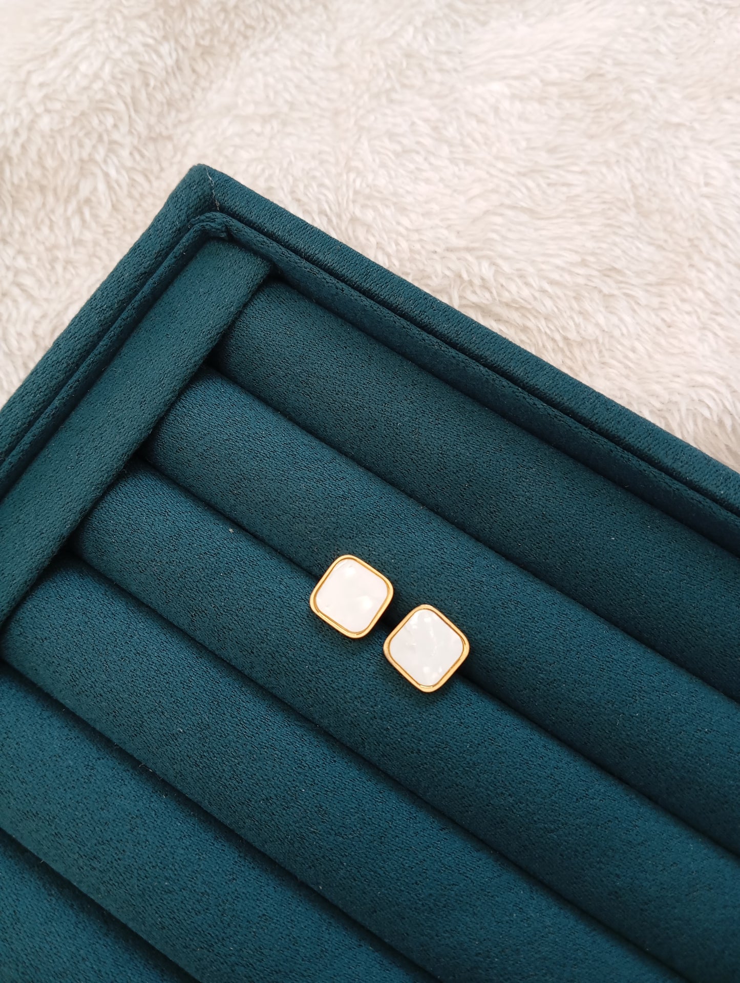 White Stone Square Stud Earrings crafted from premium stainless steel with sparkling white stone details and a modern square design. Waterproof, tarnish-free stud earrings for women, perfect for daily wear, office wear, parties, weddings, gifting, and special occasions.