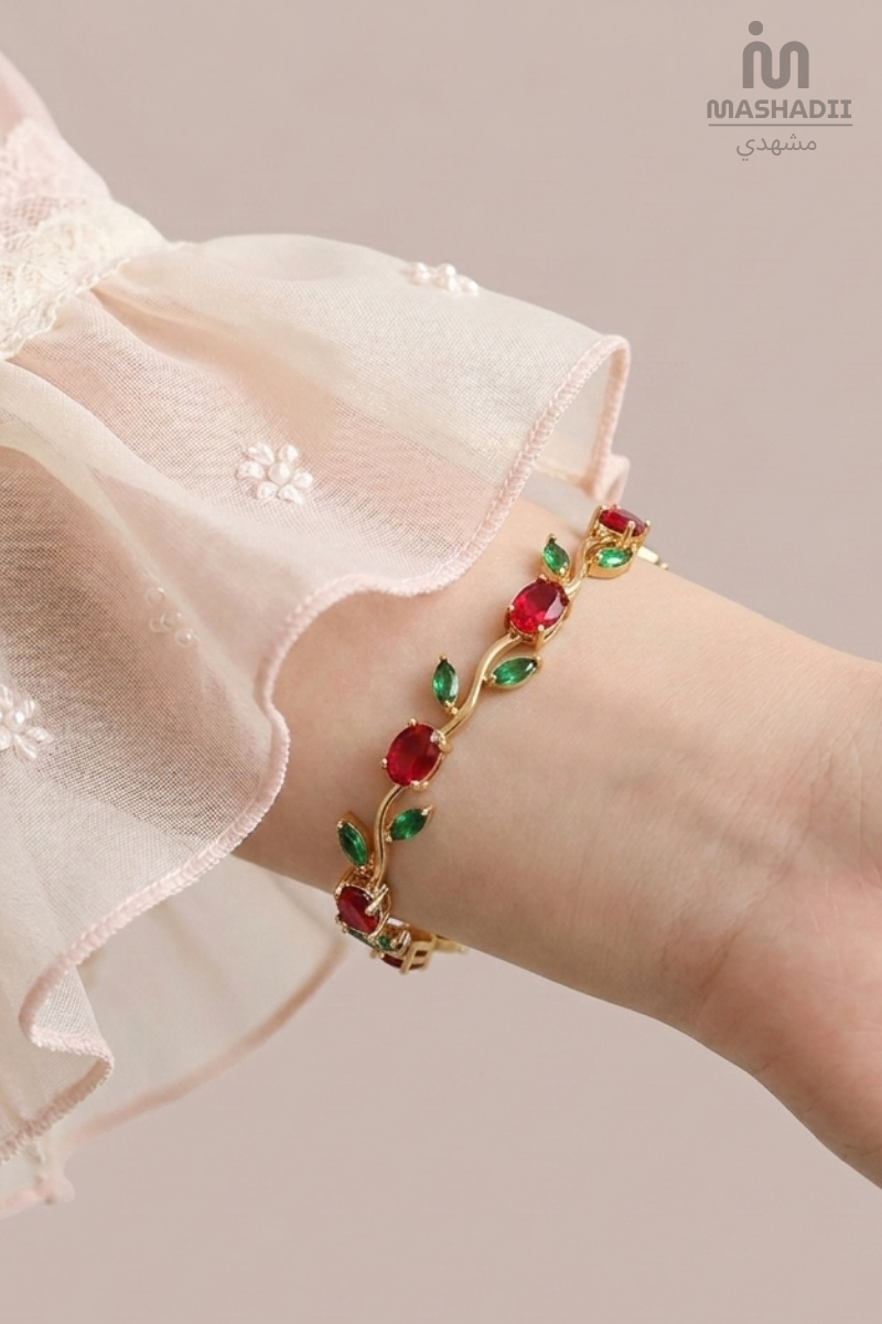 Red and Green Tulip Bracelet crafted from premium stainless steel with vibrant red and green crystal accents and an elegant tulip flower design. Waterproof, tarnish free bracelet for women with long-lasting shine and durability.
