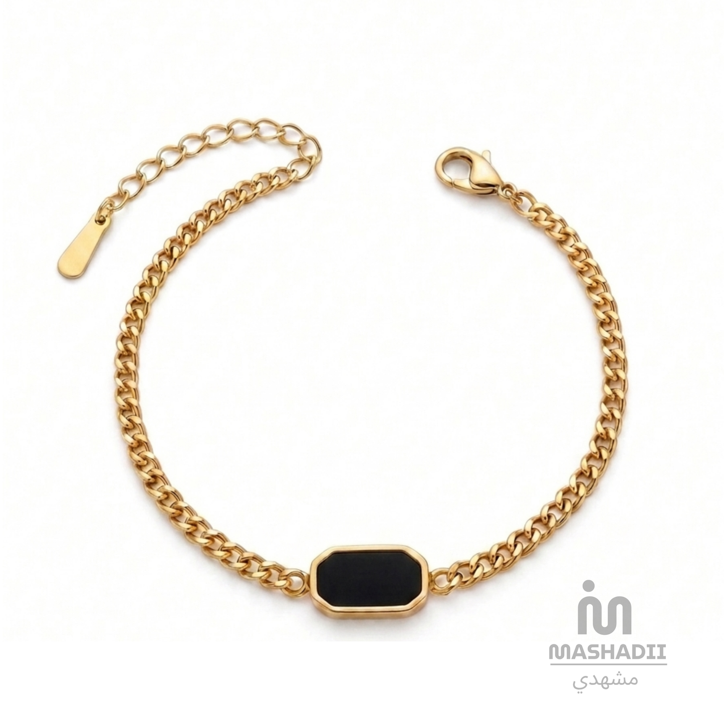Rectangle Black Stone Broad Chain Bracelet