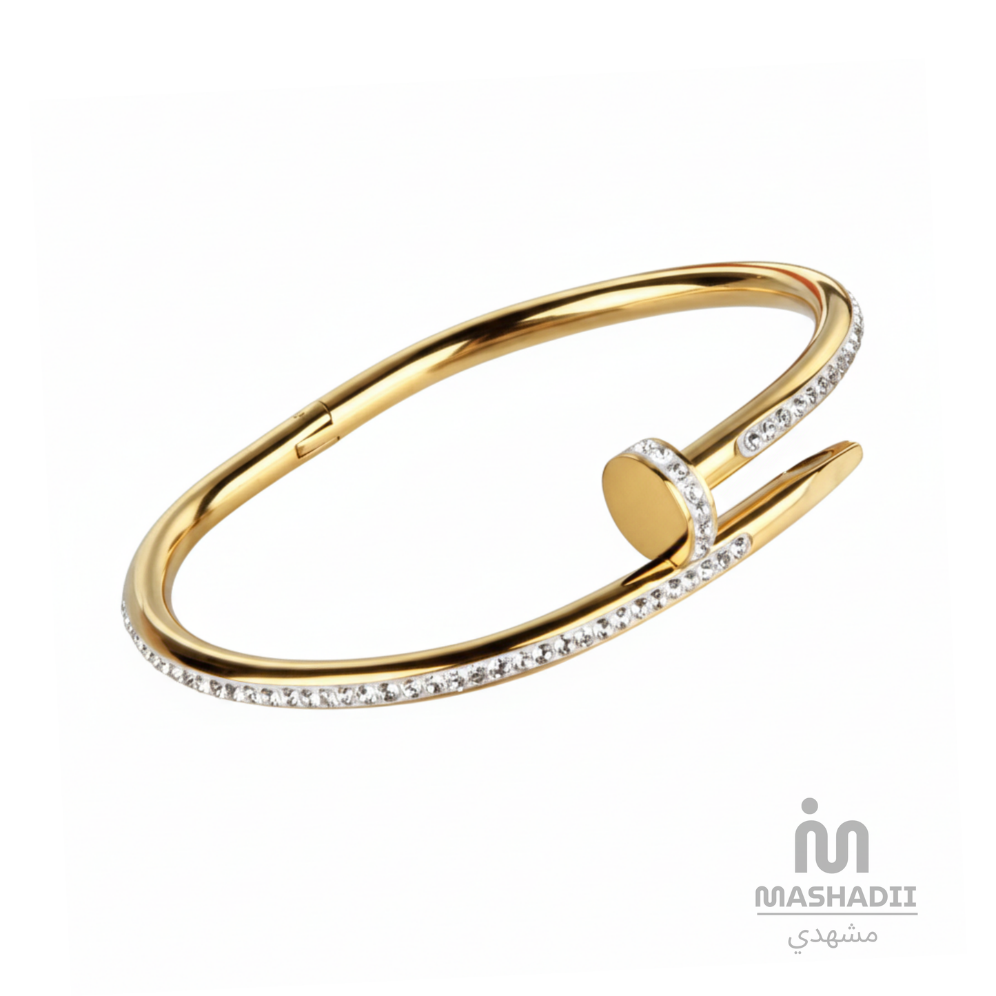Stone Nail Golden Handcuff Bracelet – Waterproof, Tarnish-Free Stainless Steel Bracelet with Sparkling Stone Details, a Nail-Inspired Gold Design, and a 1 Year Colour Guarantee