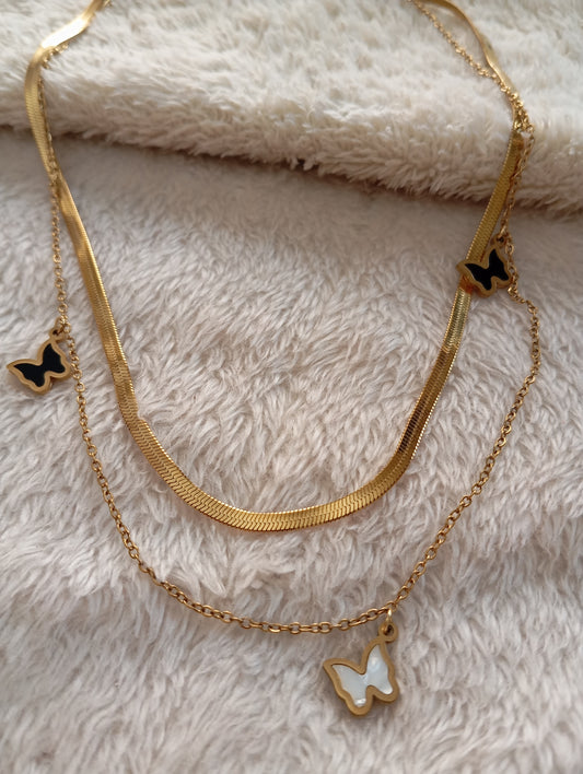 Double Layer White & Black Butterfly Necklace