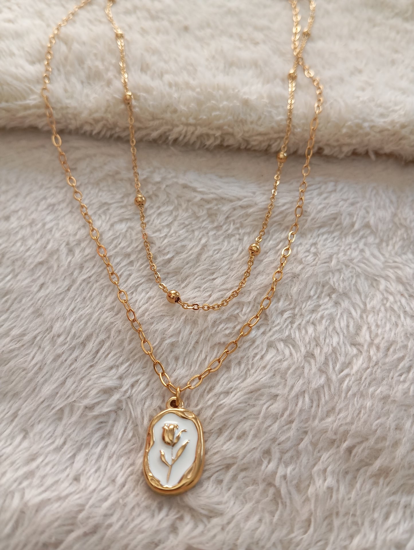 Double Layer Gold Rose with White Stone Necklace