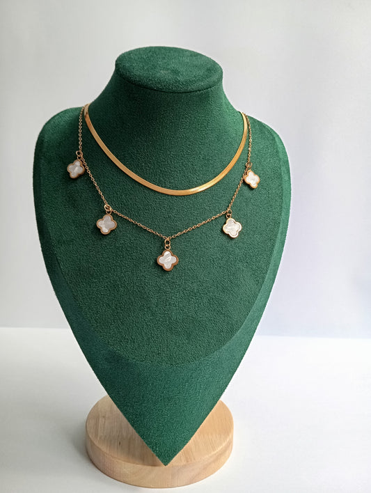 White Clover Double Layer Broad Chain Necklace