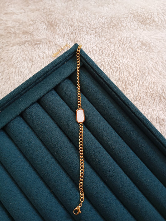 Rectangle White Stone Broad Chain Bracelet