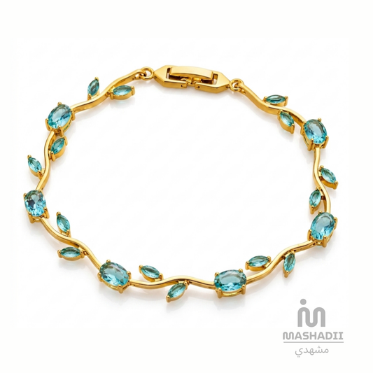 Aqua Blue Tulip Bracelet crafted from premium stainless steel with sparkling aqua blue crystal accents and an elegant tulip flower design. Waterproof, tarnish free bracelet for women with long-lasting shine and durability.