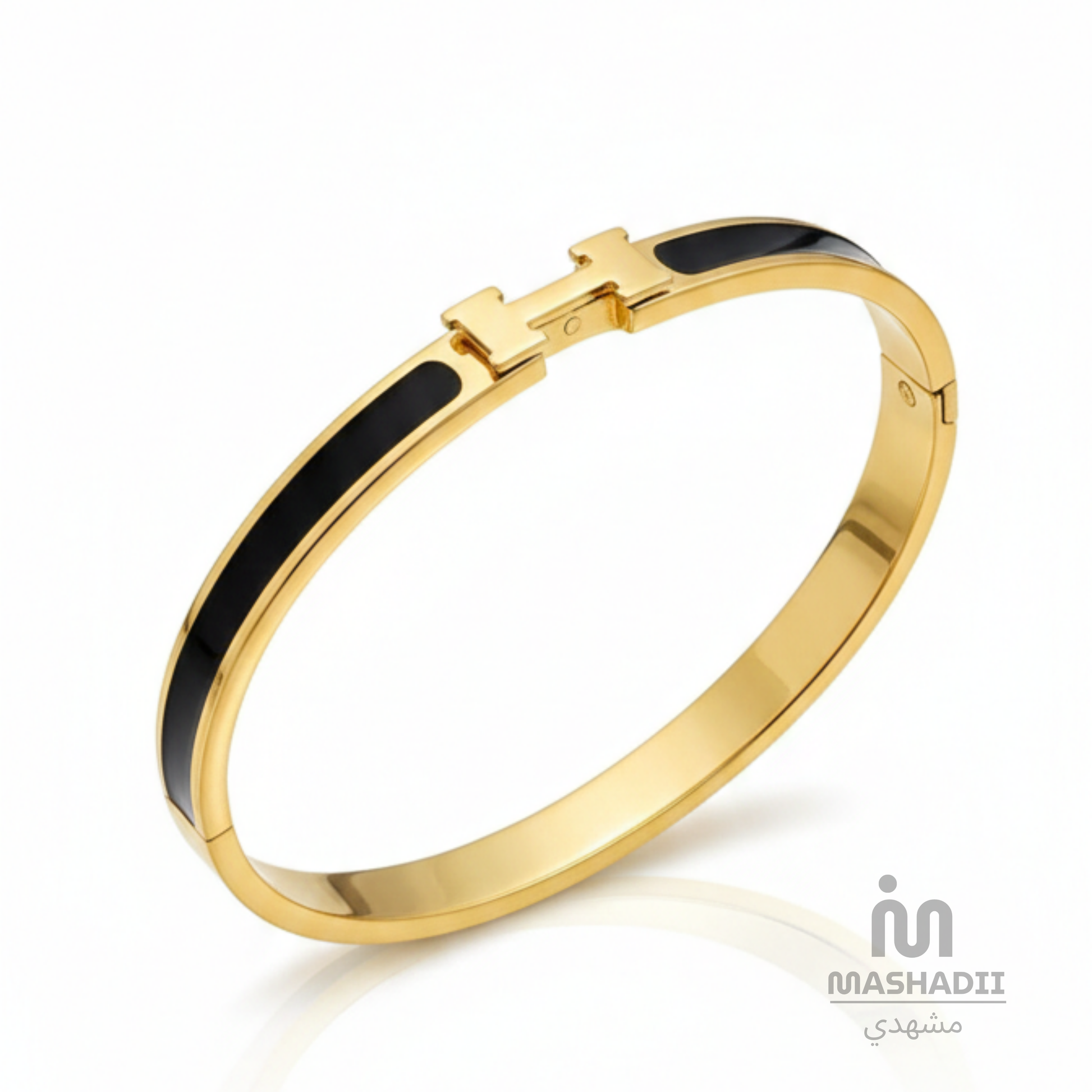 Black Enamel H Handcuff bracelet in stainless steel with luxury black enamel design and anti tarnish finish