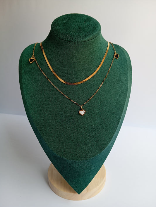 Gold Double Layer Broad Chain Heart Necklace featuring layered wide chains with a stylish heart pendant. Crafted from premium stainless steel, this waterproof and tarnish-free necklace is perfect for women’s daily wear, parties, weddings, gifting, and statement fashion styling.
