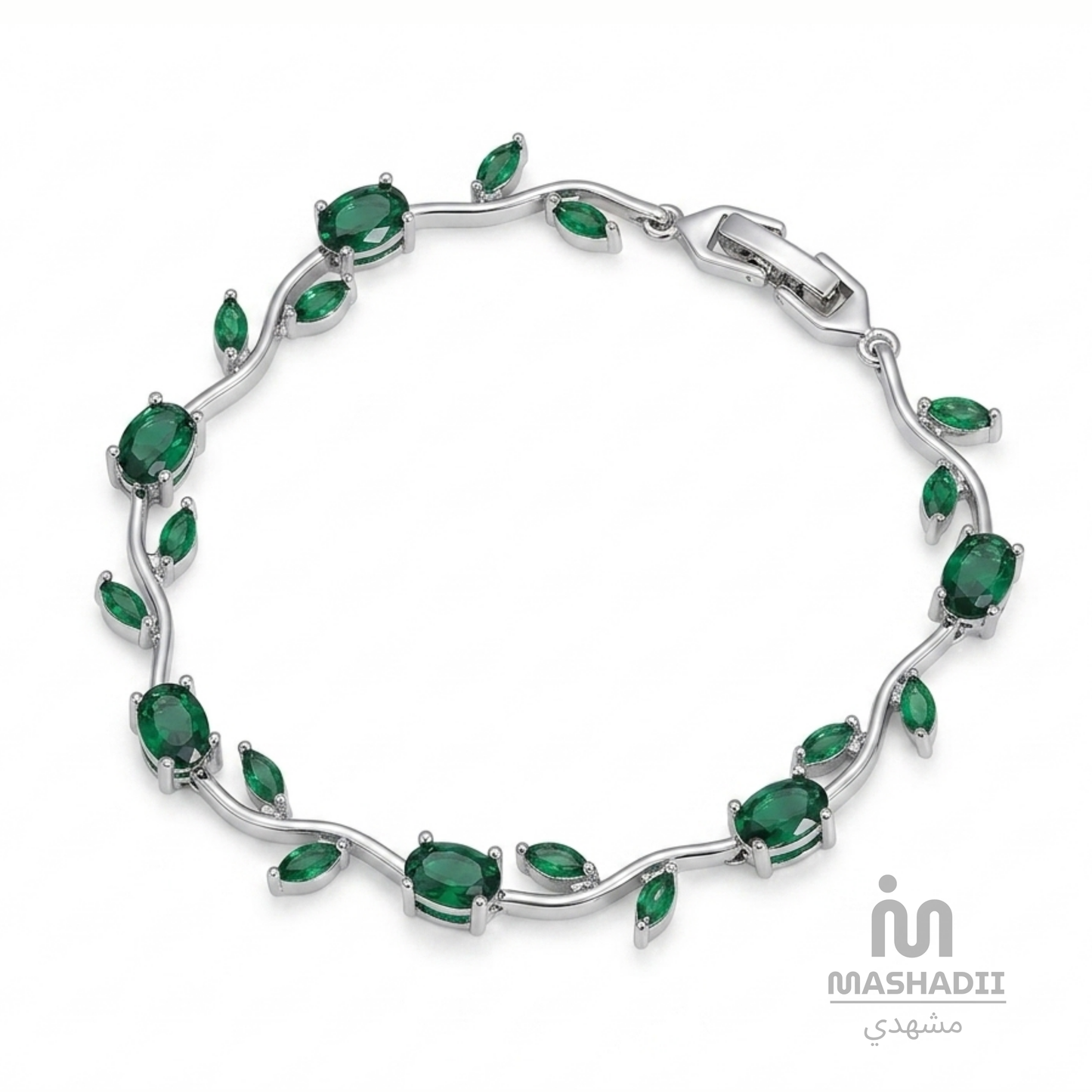 Green Crystal Silver Tulip Bracelet crafted from premium stainless steel with sparkling green crystal accents and an elegant tulip-inspired design. Waterproof, tarnish free bracelet for women with long-lasting shine and durability.