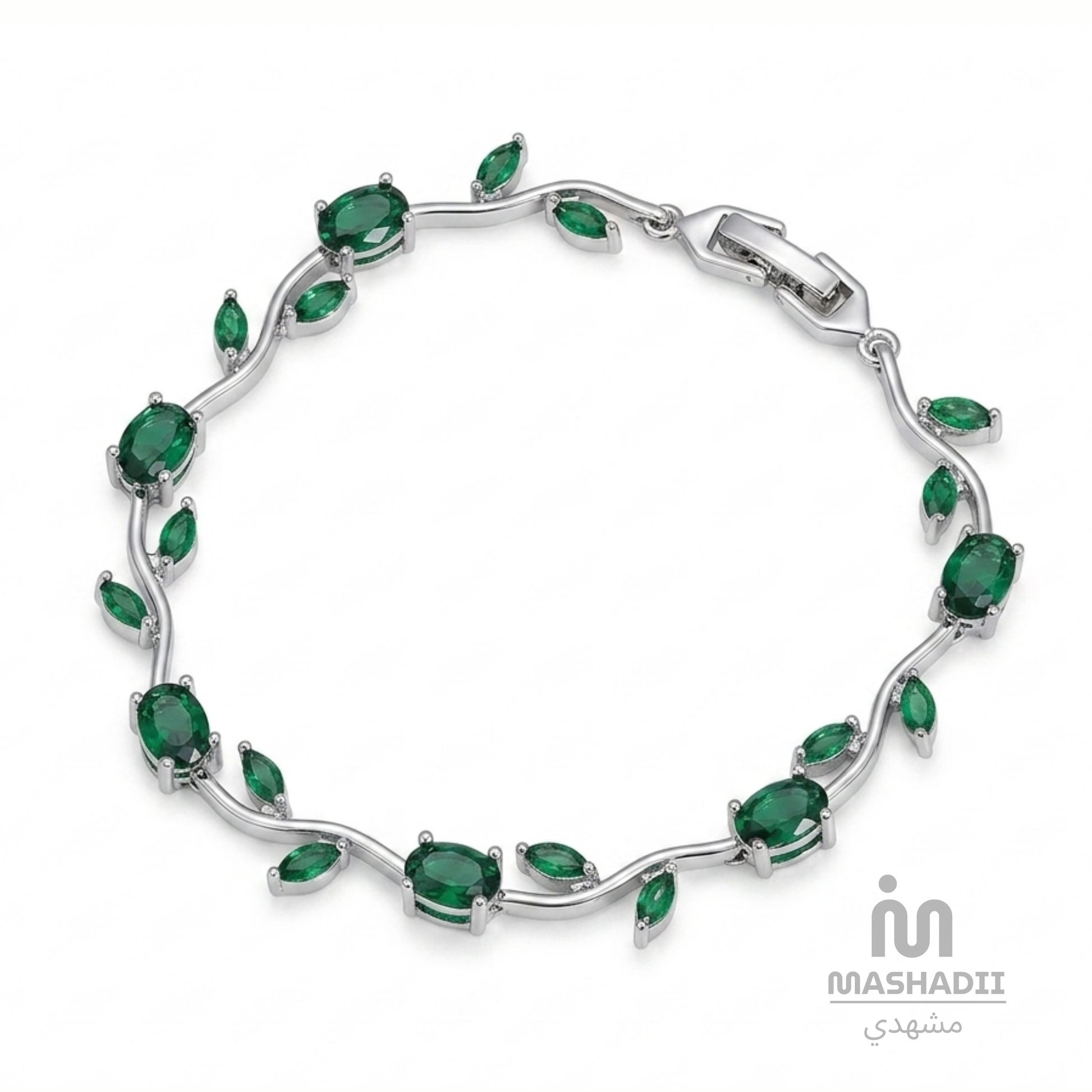 Green Crystal Silver Tulip Bracelet crafted from premium stainless steel with sparkling green crystal accents and an elegant tulip-inspired design. Waterproof, tarnish free bracelet for women with long-lasting shine and durability.