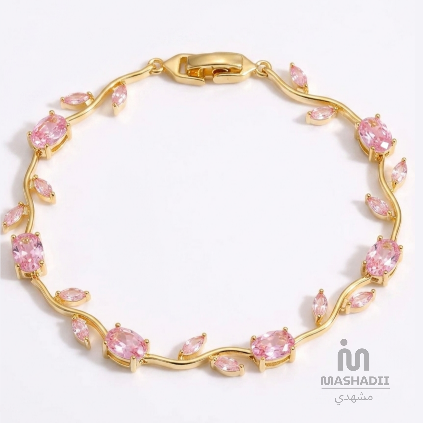 Pink Crystal Tulip Vine Bracelet crafted from premium stainless steel with sparkling pink crystal accents and elegant floral vine detailing. Waterproof, tarnish-free bracelet with 1 Year Colour Guarantee.