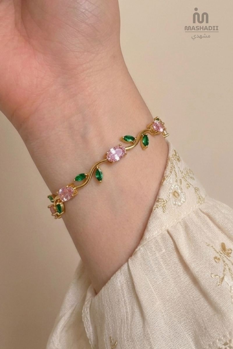 Pink and Green Tulip Bracelet crafted from premium stainless steel with pink and green crystal accents. Waterproof, tarnish free bracelet for women, perfect for daily wear, parties, weddings, and gifting.