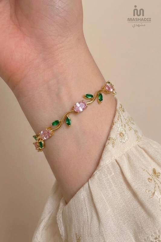 Pink and Green Tulip Bracelet crafted from premium stainless steel with pink and green crystal accents. Waterproof, tarnish free bracelet for women, perfect for daily wear, parties, weddings, and gifting.
