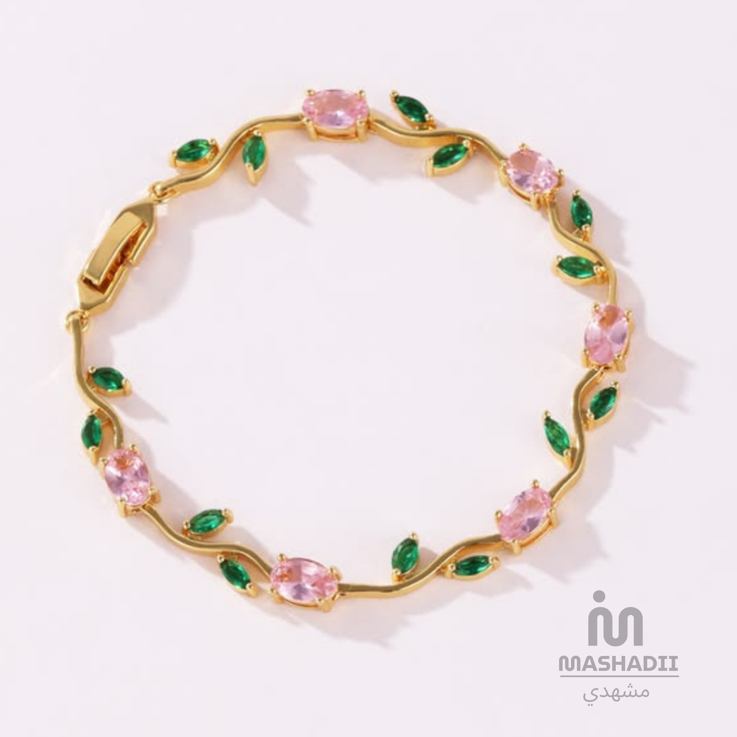 Pink and Green Tulip Bracelet crafted from premium stainless steel with pink and green crystal accents. Waterproof, tarnish free bracelet for women, perfect for daily wear, parties, weddings, and gifting.