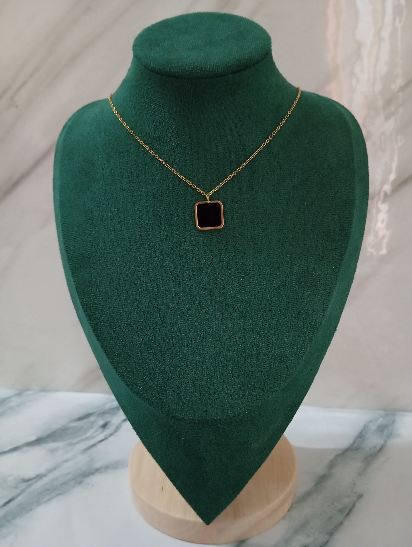 Gold Square Black Stone Necklace featuring an elegant square-cut black stone pendant crafted from premium stainless steel. Waterproof, tarnish-free jewelry for women, perfect for everyday wear, office styling, parties, weddings, gifting, and special occasions.
