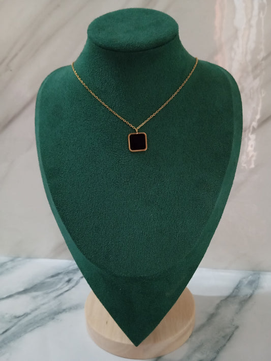 Gold Square Black Stone Necklace featuring an elegant square-cut black stone pendant crafted from premium stainless steel. Waterproof, tarnish-free jewelry for women, perfect for everyday wear, office styling, parties, weddings, gifting, and special occasions.
