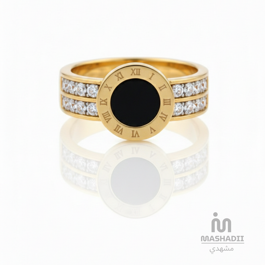 Roman Black Stone Ring with Multi Crystals crafted from premium stainless steel with elegant black stone details, sparkling crystals, and a Roman-inspired design. Waterproof, tarnish-free, adjustable ring for women, perfect for daily wear, parties, weddings, gifting, and special occasions.
