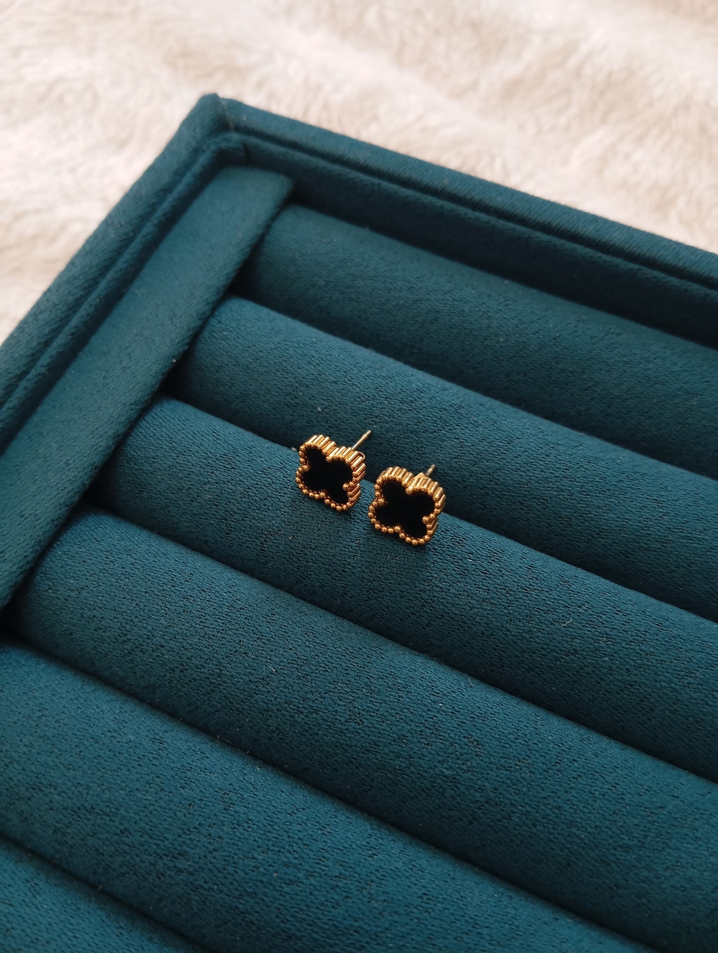 Black Clover Stud Earrings crafted from premium stainless steel with a classic black clover design. Waterproof, tarnish-free stud earrings for women, perfect for daily wear, office wear, parties, weddings, gifting, and special occasions.