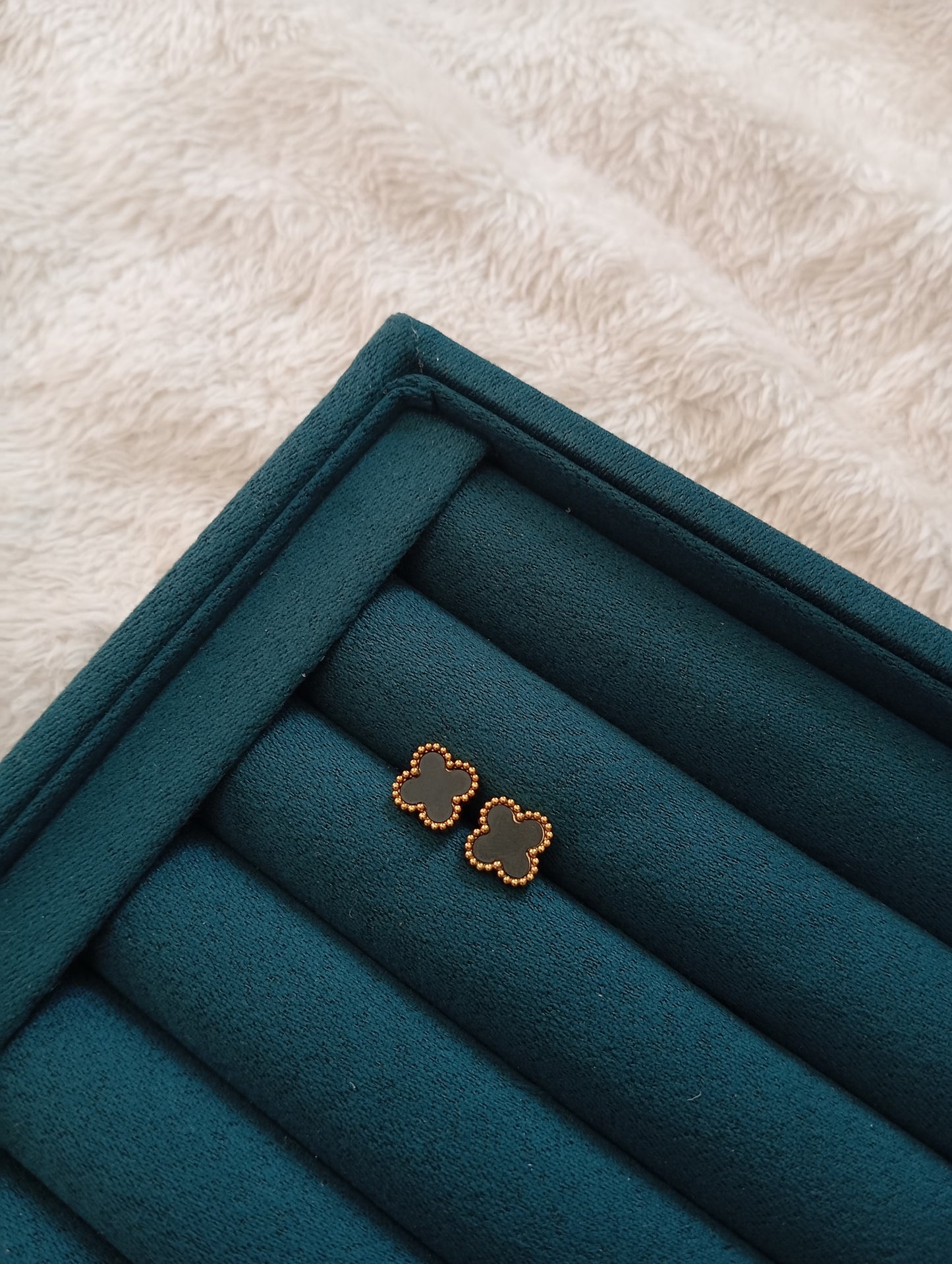 Black Clover Stud Earrings crafted from premium stainless steel with a classic black clover design. Waterproof, tarnish-free stud earrings for women, perfect for daily wear, office wear, parties, weddings, gifting, and special occasions.