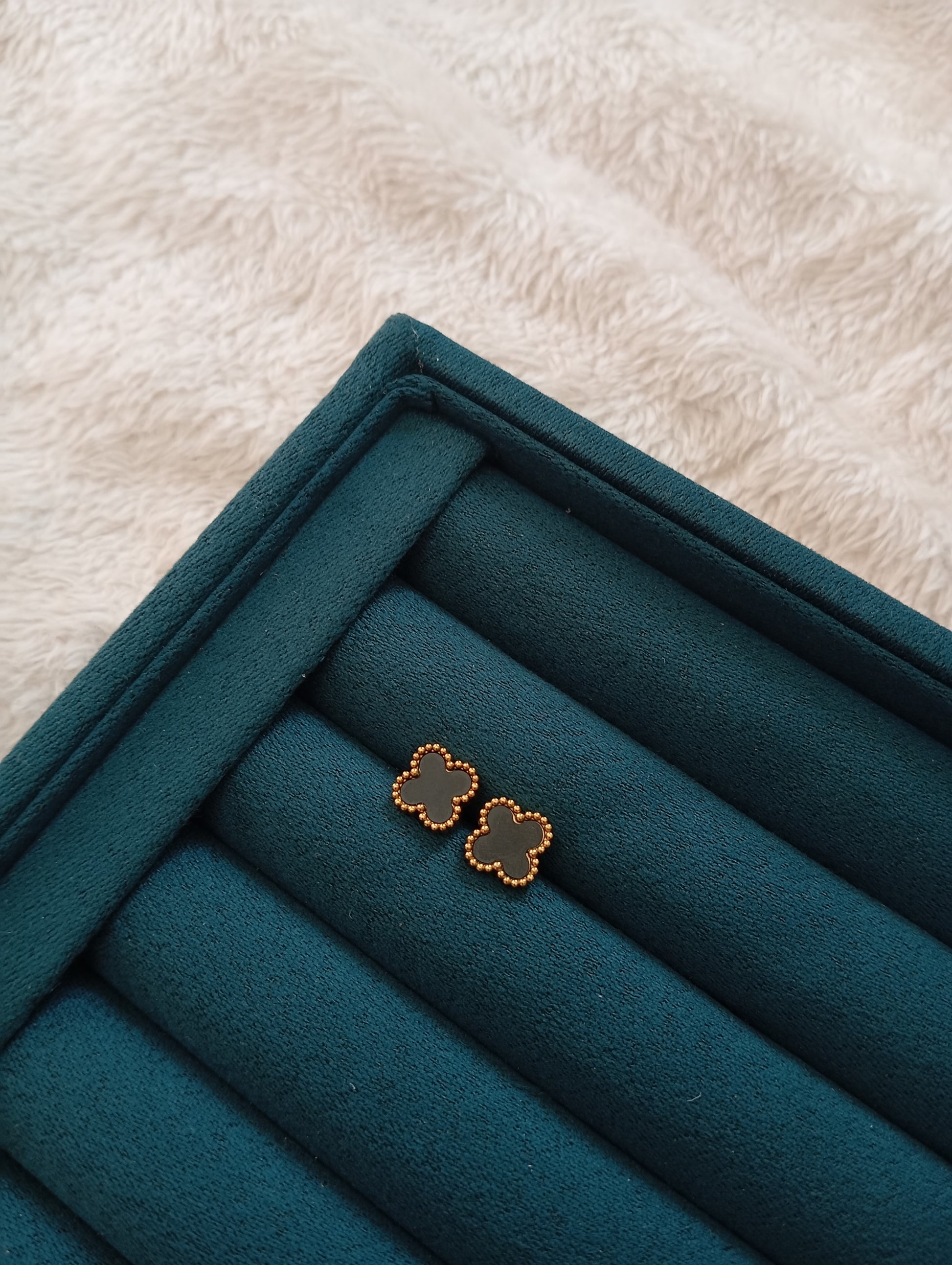 Black Clover Stud Earrings crafted from premium stainless steel with a classic black clover design. Waterproof, tarnish-free stud earrings for women, perfect for daily wear, office wear, parties, weddings, gifting, and special occasions.