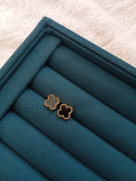 Black Clover Stud Earrings crafted from premium stainless steel with a classic black clover design. Waterproof, tarnish-free stud earrings for women, perfect for daily wear, office wear, parties, weddings, gifting, and special occasions.