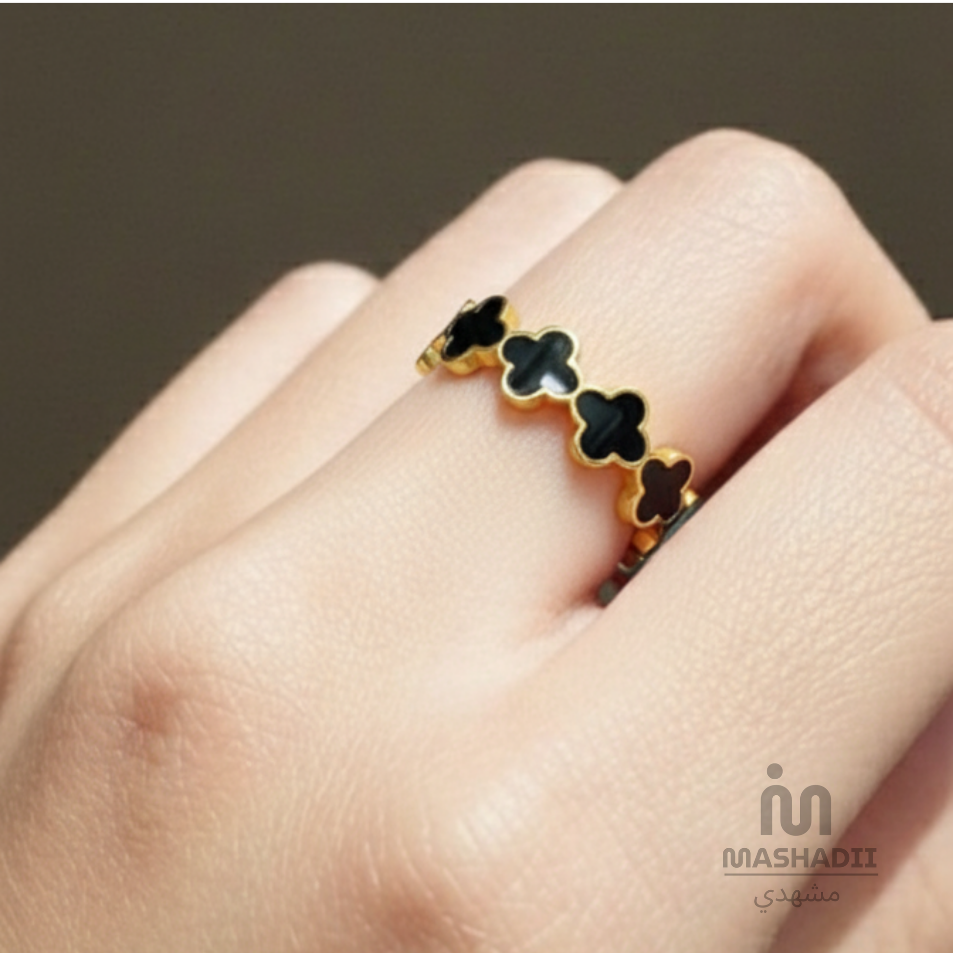 Black Stone Multi Clover Ring crafted from premium stainless steel with elegant black stone details and a stylish multi-clover design. Waterproof, tarnish-free, adjustable ring for women, perfect for daily wear, parties, weddings, gifting, and special occasions.

