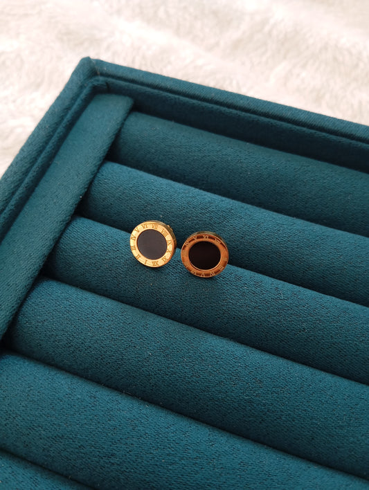 Black Stone Roman Stud Earrings crafted from premium stainless steel with elegant black stone accents and a Roman-inspired design. Waterproof, tarnish-free stud earrings for women, perfect for daily wear, office wear, parties, gifting, and special occasions.
