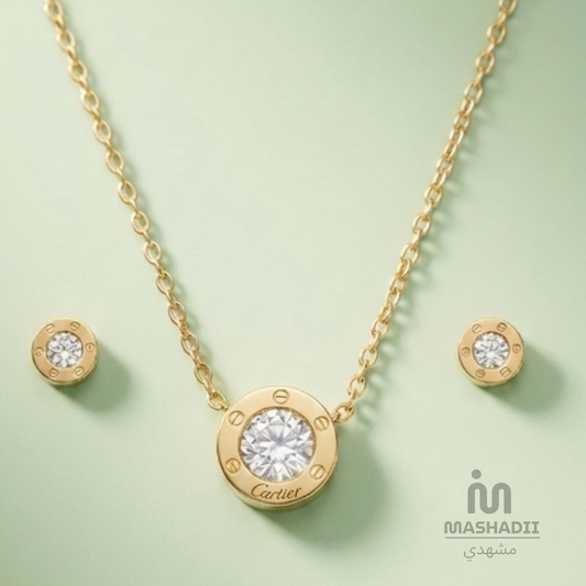 Cartier Jewelry Set featuring a matching stainless steel necklace and earrings. Waterproof, tarnish-free jewelry set for women, perfect for daily wear, parties, weddings, gifting, and special occasions.