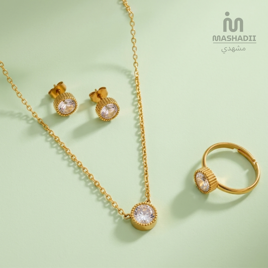 Crystal Solitaire Jewelry Set featuring a matching stainless steel necklace, adjustable ring, and earrings with sparkling crystal stone details. Waterproof, tarnish-free jewelry set for women, perfect for daily wear, parties, weddings, gifting, and special occasions.