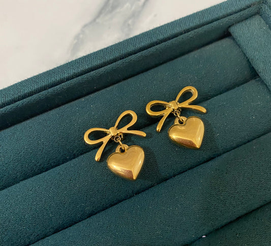 Heart Bow Earrings crafted from premium stainless steel featuring a heart and bow design. Waterproof, tarnish-free earrings for women, perfect for daily wear, parties, weddings, gifting, and special occasions.