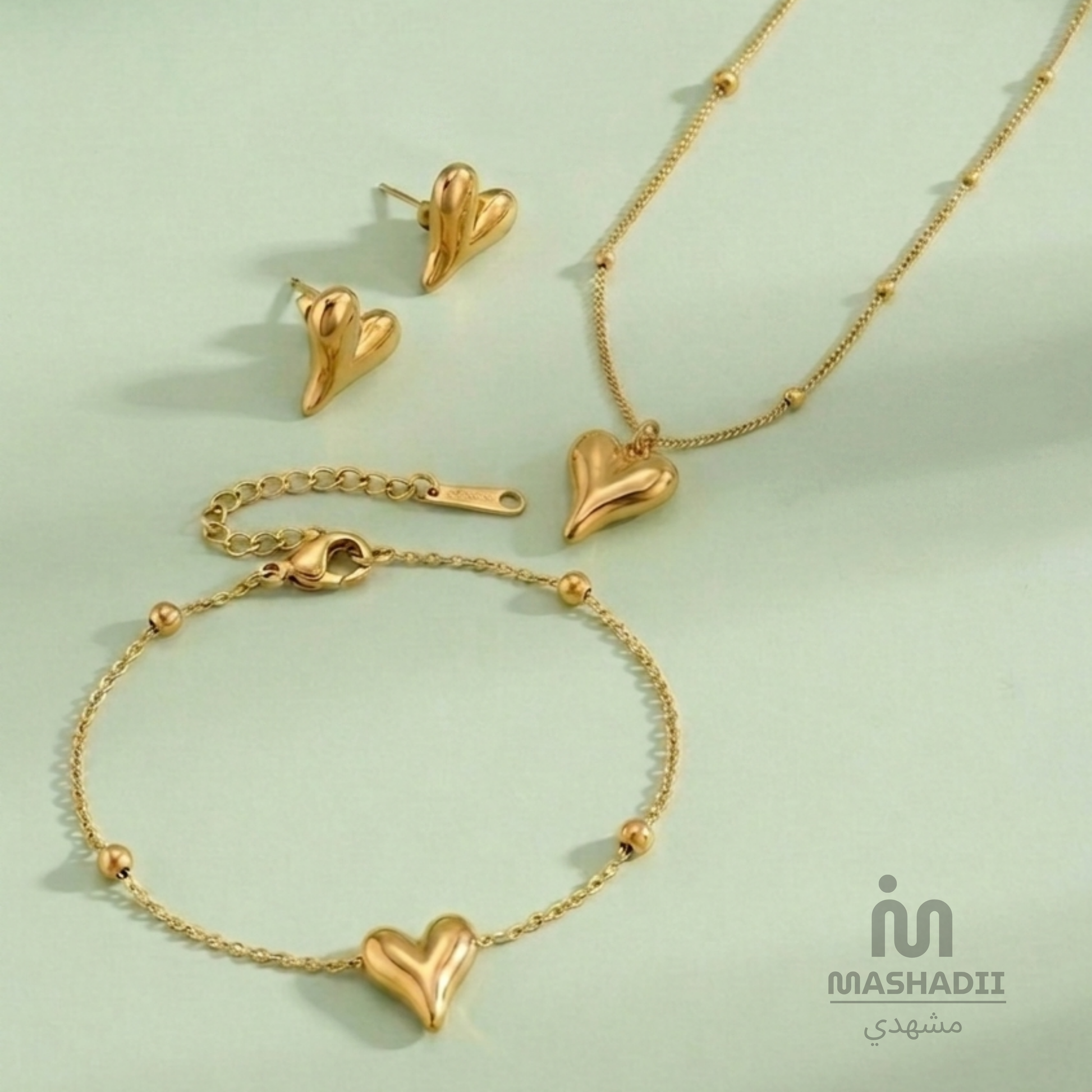 Heart Jewelry Set featuring a matching stainless steel necklace, bracelet, and earrings with an elegant heart design. Waterproof, tarnish-free jewelry set for women, perfect for daily wear, parties, weddings, gifting, and special occasions.