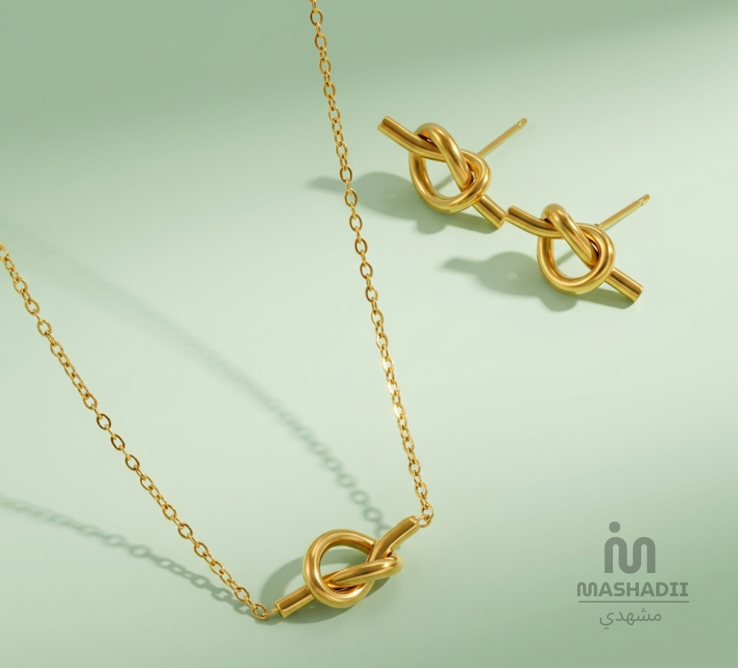 Knot Jewelry Set featuring a matching stainless steel necklace and earrings with an elegant knot design. Waterproof, tarnish-free jewelry set for women, perfect for daily wear, parties, weddings, gifting, and special occasions.