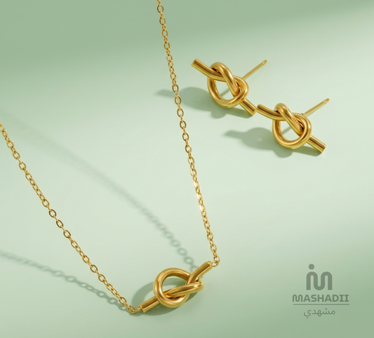 Knot Jewelry Set featuring a matching stainless steel necklace and earrings with an elegant knot design. Waterproof, tarnish-free jewelry set for women, perfect for daily wear, parties, weddings, gifting, and special occasions.