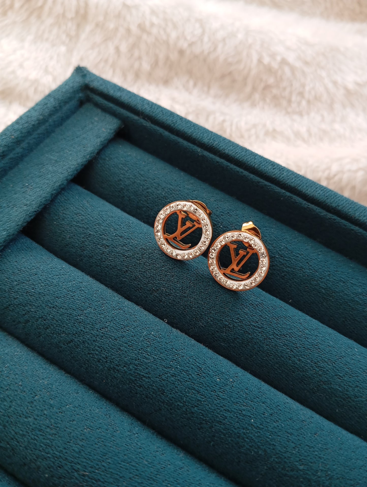 LV Multi Stone Earrings crafted from premium stainless steel with sparkling multi-stone details. Waterproof, tarnish-free earrings for women, perfect for daily wear, parties, weddings, gifting, and special occasions.