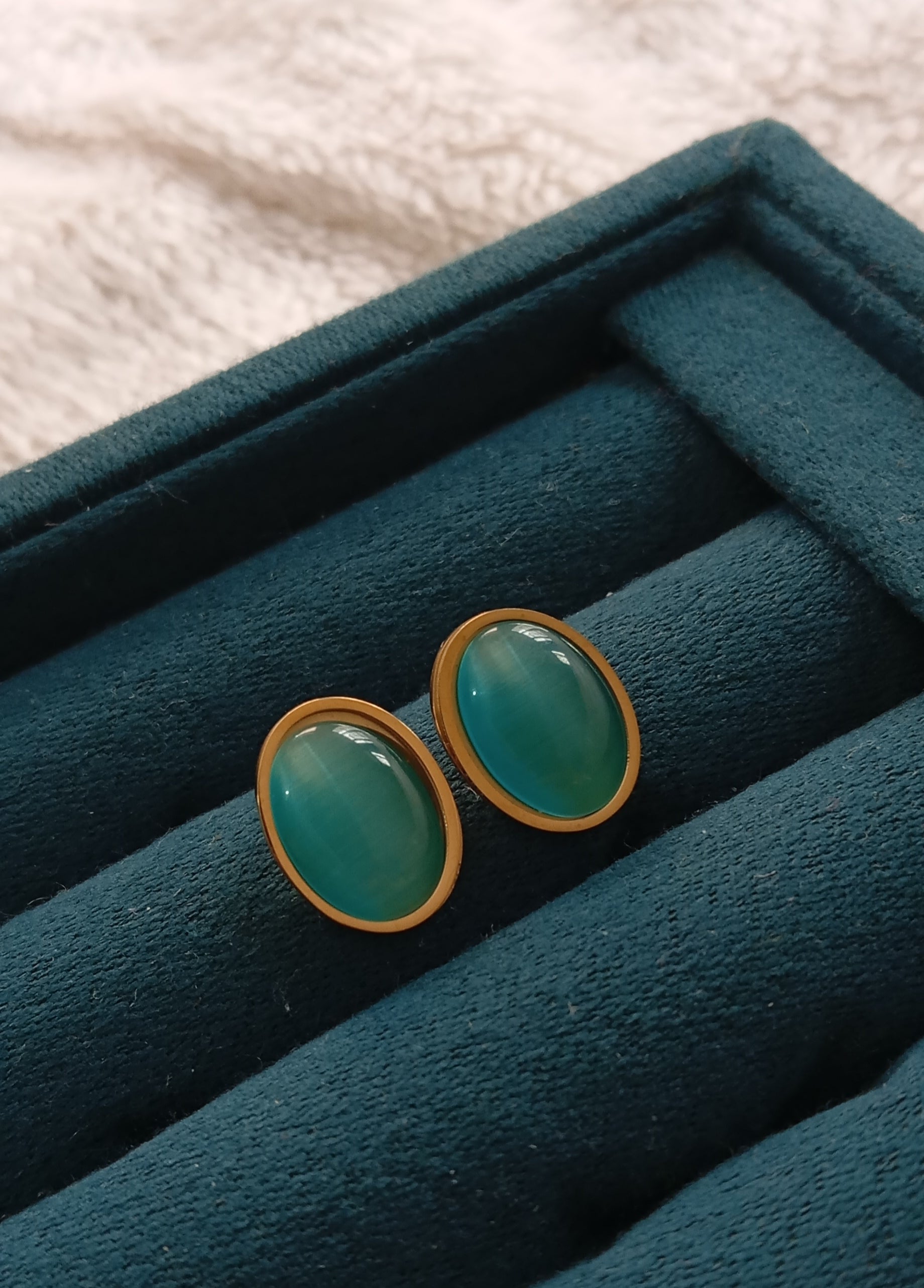 Mint Green Oval Earrings crafted from premium stainless steel with elegant mint green oval stone details. Waterproof, tarnish-free earrings for women, perfect for daily wear, parties, weddings, gifting, and special occasions.
