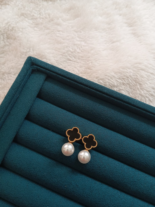 Pearl Black Stone Clover Earrings crafted from premium stainless steel with pearl accents, black stone details, and an elegant clover design. Waterproof, tarnish-free earrings for women, perfect for daily wear, parties, weddings, gifting, and special occasions.