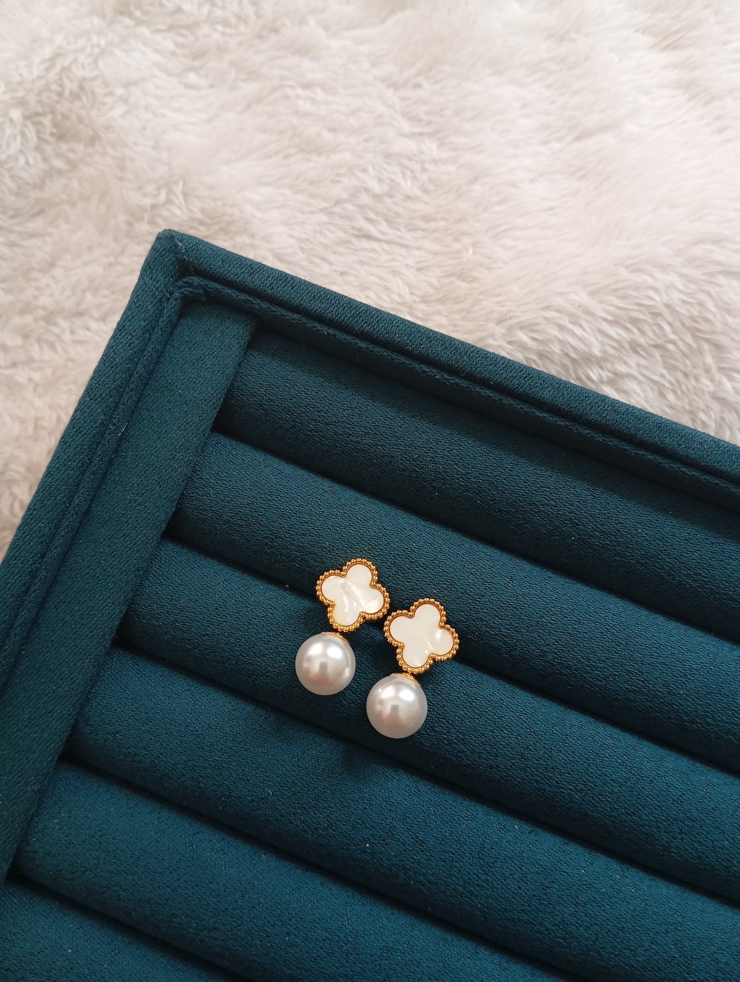 Pearl White Stone Clover Earrings crafted from premium stainless steel with pearl accents, sparkling white stone details, and an elegant clover design. Waterproof, tarnish-free earrings for women, perfect for daily wear, parties, weddings, gifting, and special occasions.