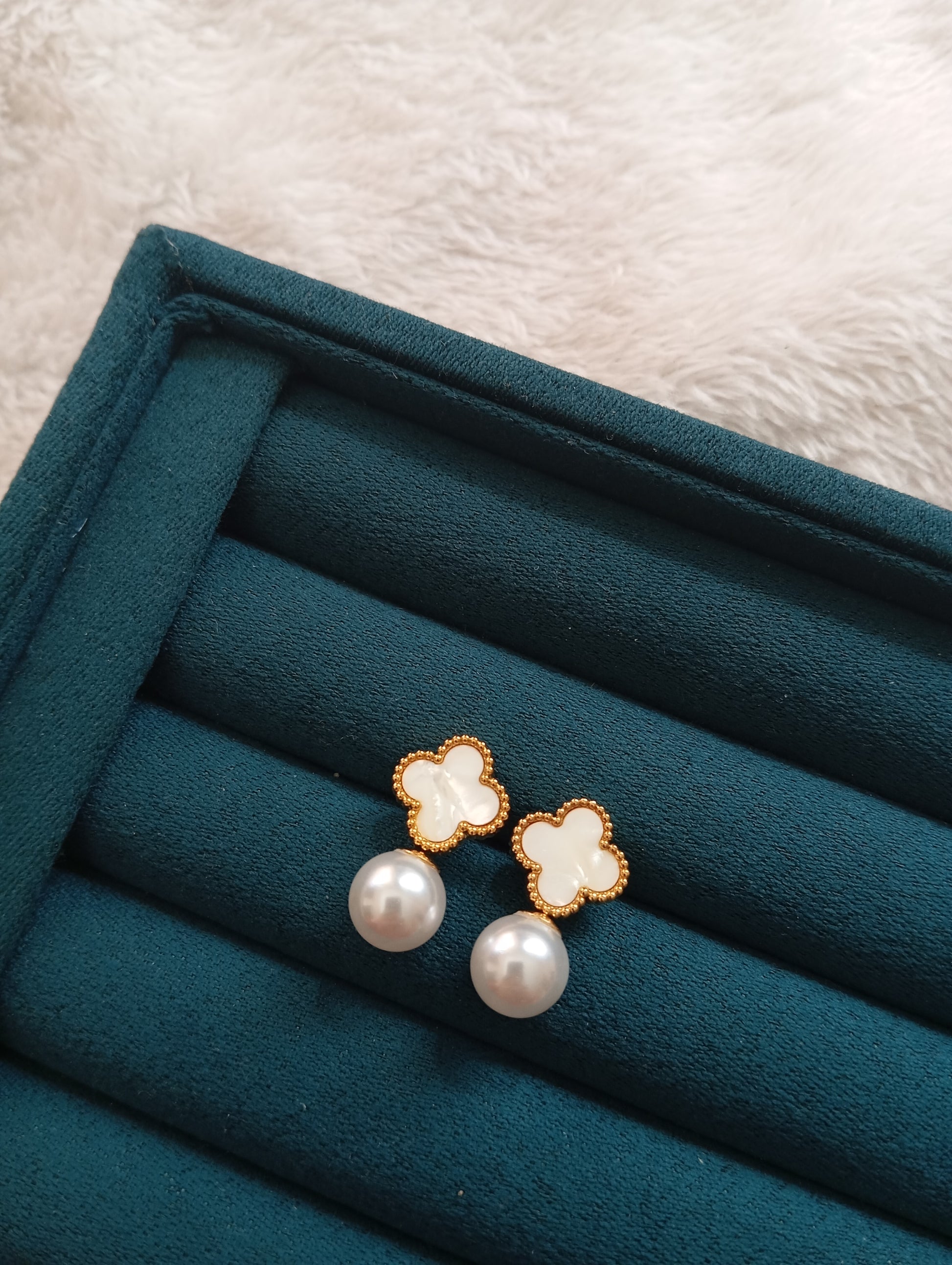 Pearl White Stone Clover Earrings crafted from premium stainless steel with pearl accents, sparkling white stone details, and an elegant clover design. Waterproof, tarnish-free earrings for women, perfect for daily wear, parties, weddings, gifting, and special occasions.