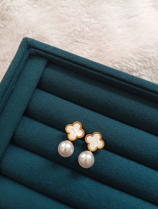 Pearl White Stone Clover Earrings crafted from premium stainless steel with pearl accents, sparkling white stone details, and an elegant clover design. Waterproof, tarnish-free earrings for women, perfect for daily wear, parties, weddings, gifting, and special occasions.