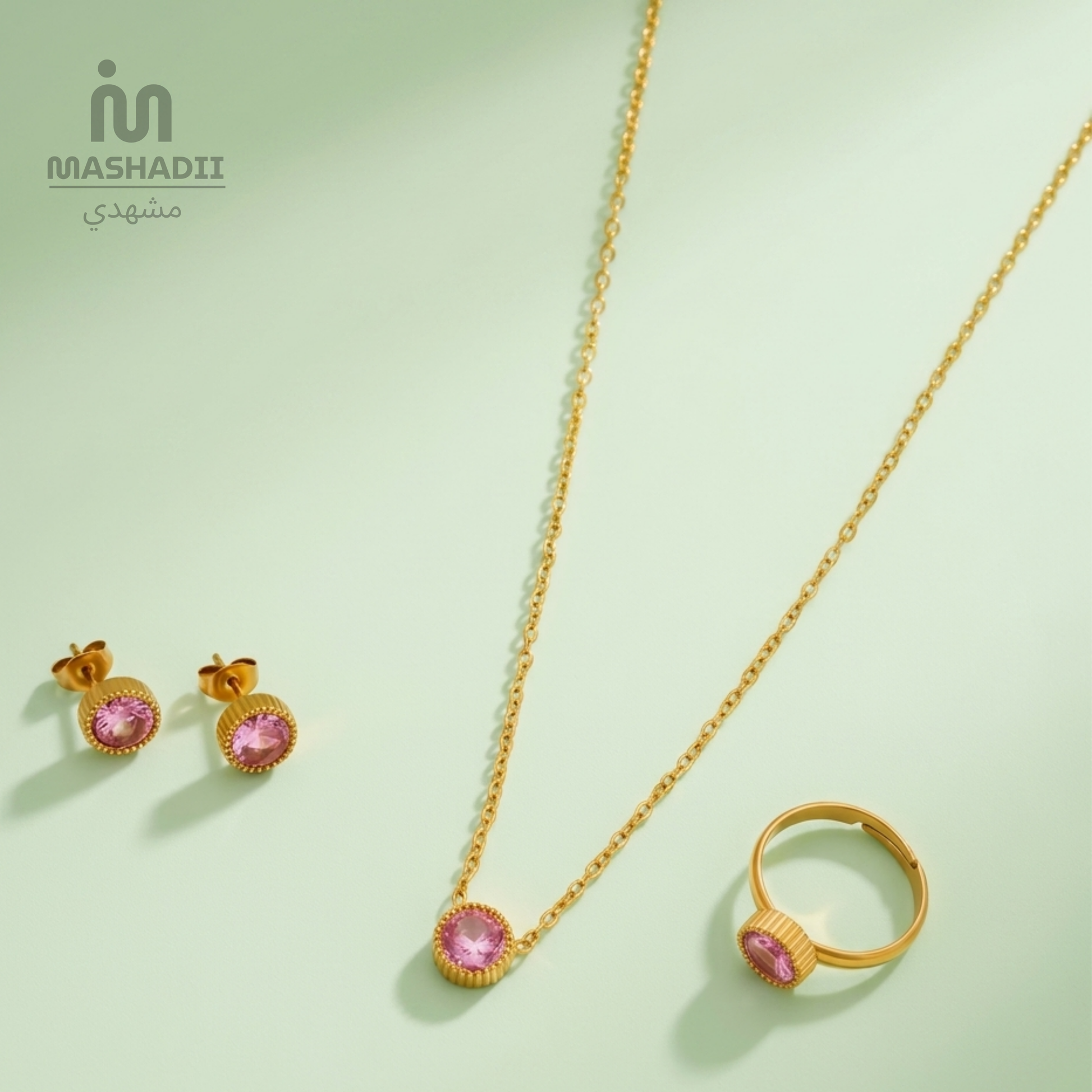 Pink Aura Jewelry Set featuring a matching stainless steel necklace and earrings with elegant pink details. Waterproof, tarnish-free jewelry set for women, perfect for daily wear, parties, weddings, gifting, and special occasions.